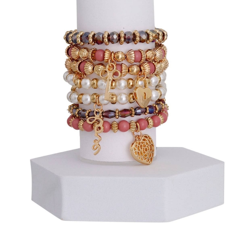 Bead And Pearl Stretch Charm Bracelet Heart Key Lock Love Angel Wing